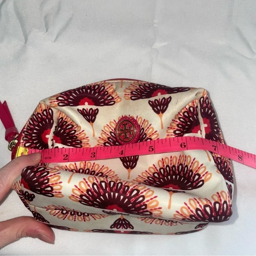 TORY BURCH SMALL FLORAL COSMETIC MAKEUP TOILETRY CASE BAG CREAM PLUM MAGENTA